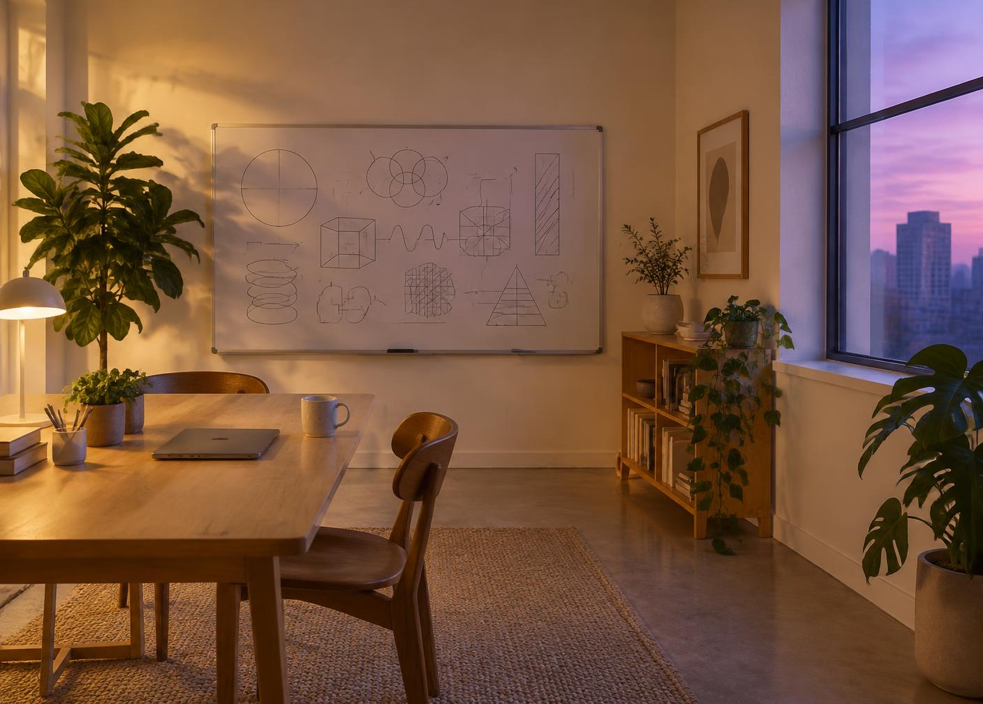 A calm workspace with diagrams on a whiteboard